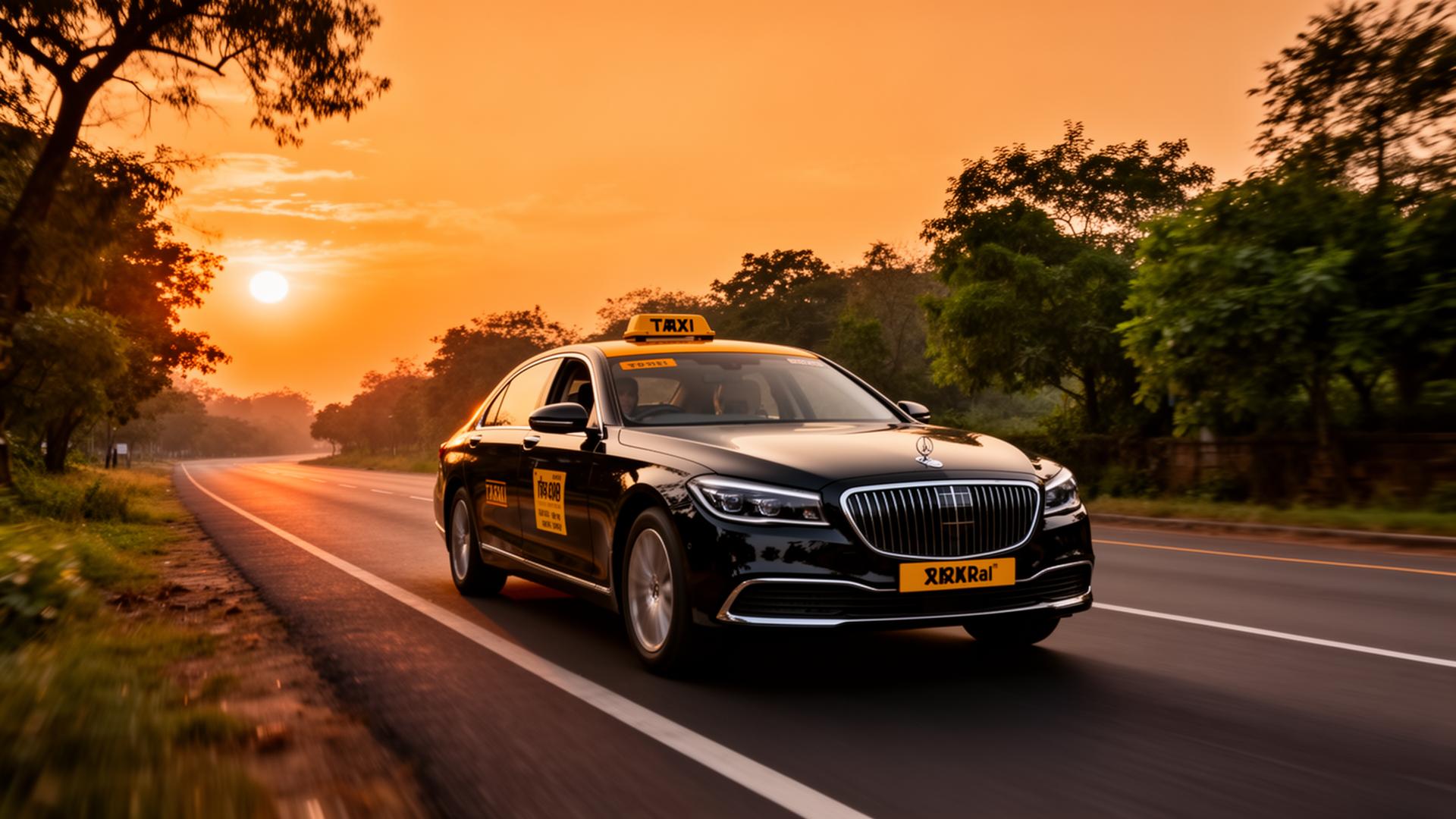 Black taxi cab driving through Chhattisgarh highway at sunset